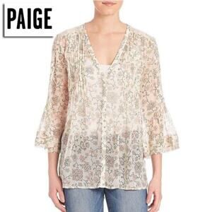 Paige Size XS-“Nora” Sheer Silk Pin Tuck Blouse NWOT-Floral Print-Bell Sleeves